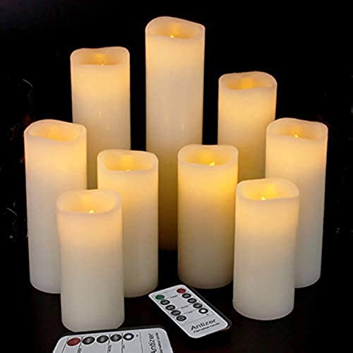 antizer Flameless Candles Led Candles Pack of 9 (H 4' 5' 6' 7' 8' 9' x D 2.2') Ivory Real Wax Battery Candles with Remote Timer