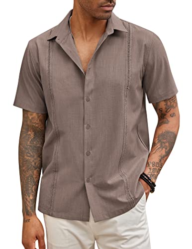 COOFANDY Mens Short Sleeve Shirts Button Down Tops Beach Spread Collar Plain Summer Blouses~ Brown