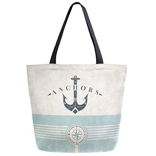 ZzWwR Stylish Ocean Style Anchor Pattern Extra Large Canvas Market Beach Travel Reusable Grocery Shopping Tote Bag Portable Storage HandBags