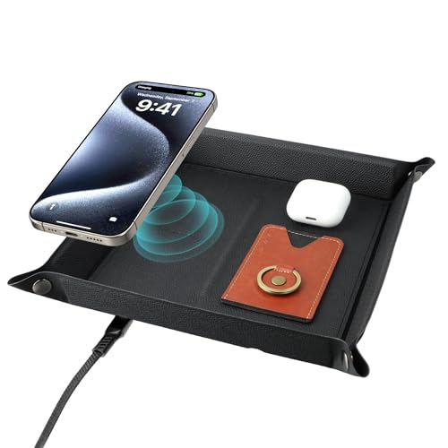 Leather Valet Tray for Men, LAVAVIK EDC Charging Trays, Nightstand Organizer Built in 15W Wireless Charger, Women Bedside Storage Dresser Top Dump Catchall Tray for Phone/Jewelry/Key/Wallet(Black)