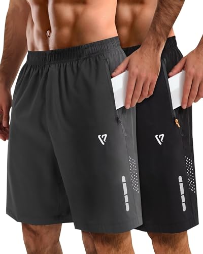 FIONECA 2 Pack Mens Athletic Shorts Quick Dry 7 Inch Running Shorts Breathable Mesh Gym Workout Shorts with Zipper Pockets(Black&Dark Gray,L