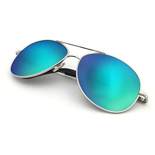 J+S Premium Military Style Classic Aviator Sunglasses, Polarized, 100% UV protection (Medium Frame - Silver Frame/Green Mirror Lens)