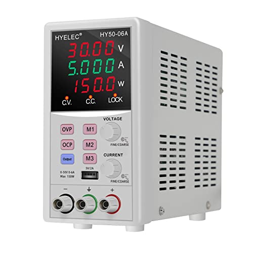 HYELEC DC Power Supply,50V 6A 150W Switching Regulated Bench Power Supply with Memory, 4-Digit LED Display, 110V input voltage, 5V2A USB interface, Coarse and Fine Adjustments