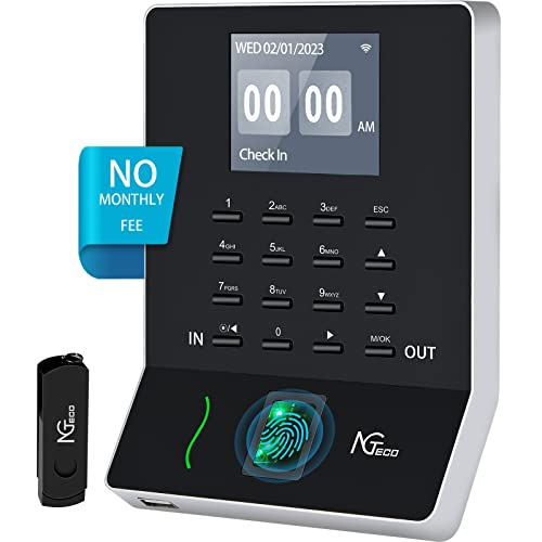 NGTeco Fingerprint Time Clock, W2 Biometric Employee Time Attendance Machine for Small Business and Office, Finger Scan, Automatic Punch, LAN WiFi, App for iOS/Android (0 Monthly Fee)