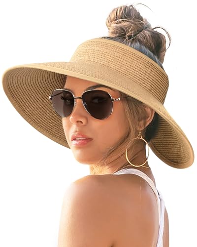 FURTALK Sun Visor Hats for Women Wide Brim Straw Roll-Up Ponytail Summer Beach Hat UV UPF Packable Foldable Travel Khaki