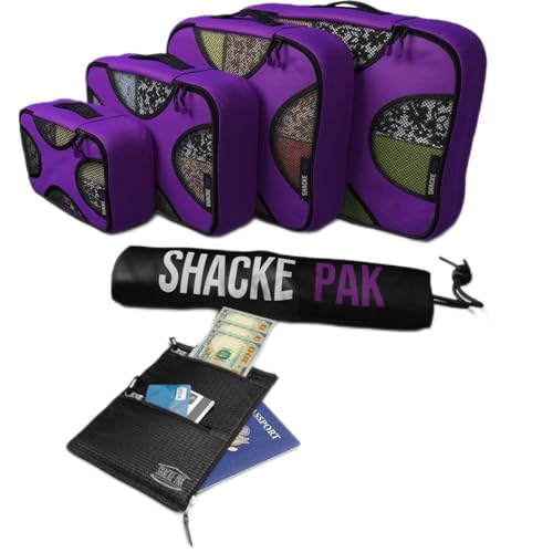 Shacke Pak - 5 Set Packing Cubes with Laundry Bag (Orchid Purple) & Hidden Travel Belt Wallet w/RFID Blocker (Black with Black Strap)