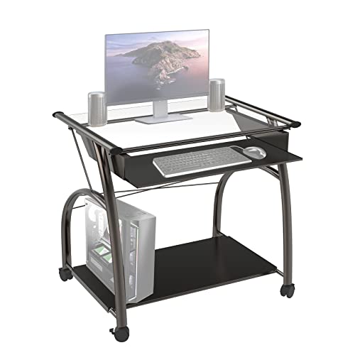 Acme Vincent Glass Top Computer Cart with Pull-Out Keyboard in Pewter