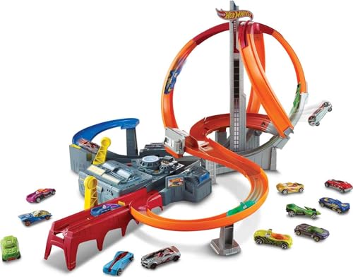 Hot Wheels Track Set with 1 Toy Car, Multi-Lane, Motorized Track with 3 Crash Zones, Spin Storm Racetrack