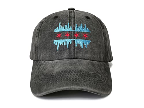 Shenbors Chicago Illinois Skyline Flag Hat for Men Women, Embroidered Washed Black CHI Baseball Cap, Embroidery Adjustable Dad Hat