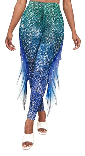 Mermaid Yoga Print Leggings for Women Plus Size Fish Scale High Waisted Pants Halloween Costume Tights S-XL (Blue-Green, S)