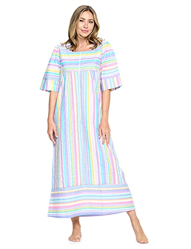 Casual Nights Womens Zip Front Woven House Dress | 3/4 Sleeves Housecoat Long Duster Lounger Robe, Stripe Multicolored, Large