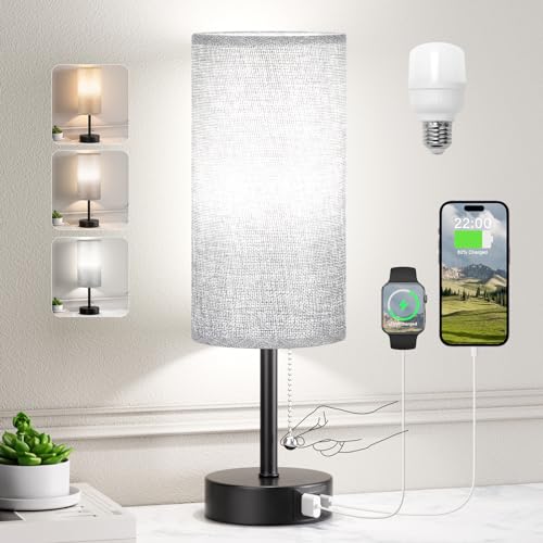 Grey Bedside Lamp for Bedroom Nightstand - Small Table Lamp with USB A + C Charging Port, 3 Color Temperatures Pull Chain Night Stand Light with Bulb, Side Table Desk Reading Lamp for Living Room