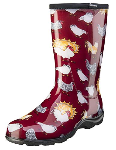 Sloggers Waterproof Garden Rain Boots for Women - Cute Mid-Calf Mud & Muck Boots with Premium Comfort Support Insole, (Chickens Barn Red), (Size 10)