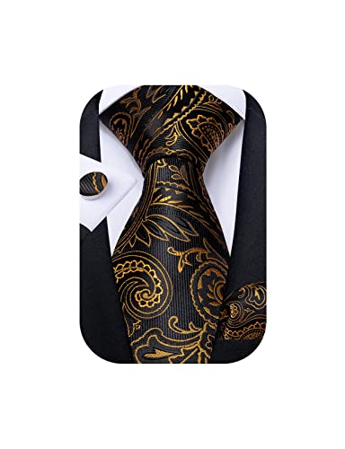 DiBanGu Gold and Black Paisley Ties for Men Formal Pocket Square Set Cufflinks Floral Tie Set For Business