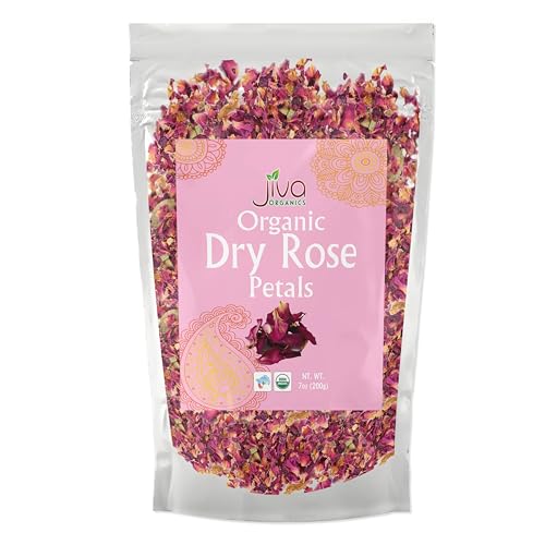 Jiva USDA Organic Dried Red Rose Petals 7 Oz (200g) Large Bag - Food Grade, Edible Flowers - Use in Tea, Baking, Making Rose Water, Crafting, Wedding Confetti