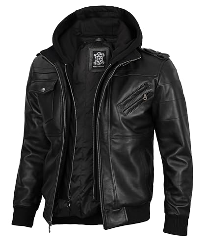 Decrum Men's Black Genuine Lambskin Leather Biker Jacket With Hood | [1100164] Black Edinburgh, L