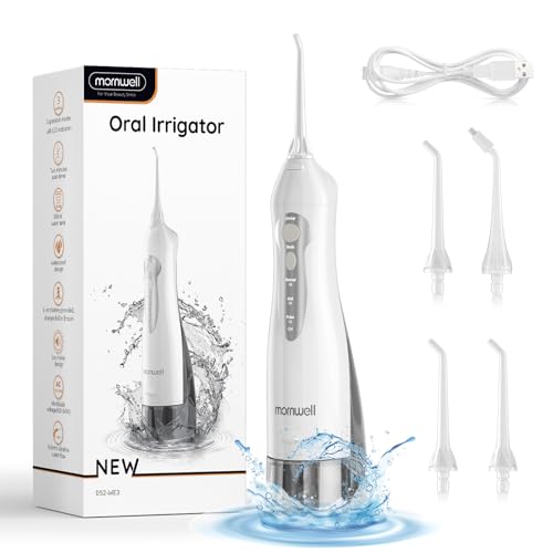 Water Flosser Cordless, Mornwell Water Flossers for Teeth - 300ML Tank and 4 Jet Tips, 3 Modes Portable Dental Oral Irrigator, Braces Care, Rechargeable Waterproof Portable Water Flosser, White
