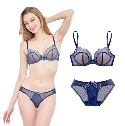 Joey Macon Women Underwire Plunge Bra Mesh Floral and Loop Embroidery See Through Sexy Bralette Matching Brief Up to E Cups Navy