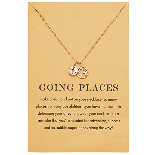 Zealmer Dainty Yellow Gold Plated Compass World Map Pendant Necklace Graduation Gift for Friends