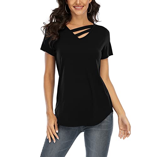 DAVENIL Women's Short Sleeve Shirts V-Neck Loose Tunic Tops Irregular Hem Casual T-Shirt Black Short Sleeve Size M