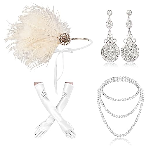 Cizoe 1920s Flapper Gatsby Costume Accessories Set 20s Flapper Headband Vintage Pearl Necklace Gloves(pl)