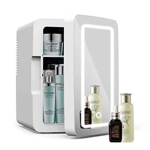 Living Enrichment Mini Fridge 6L Capacity, Portable Small Refrigerator Cooler or Warmer, AC DC Powered, Skincare Fridge with Mirror Door, for Drink, Cosmetics, Home, Office and Car - White