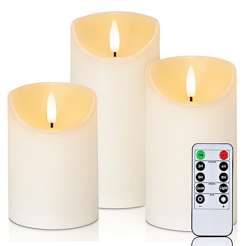 Homemory Flickering Flameless Candles, Realistic LED Candles with Remote and Timer, Textured Wax with Water Ripple, Battery Operated Wax Candles, Set of 3, Ivory