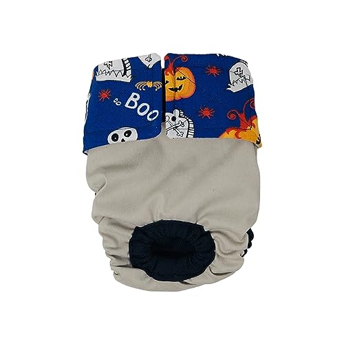 Barkertime Blue Halloween Boo Pumpkin on Frosty Cream Premium Waterproof Cat Diaper, M, Without Tail Hole Stud Pants for Piddling, Spraying, Incontinent Cats - Made in USA
