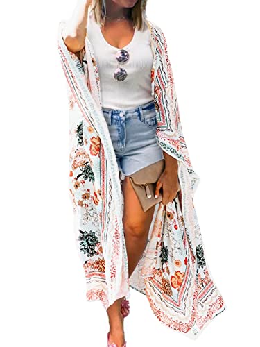 Women's Floral Chiffon Kimono Cardigan Long Flowy Beach Cover-Ups Bikini Swimsuit Open Front Tops Summer Sheer (Multicolored, Small)