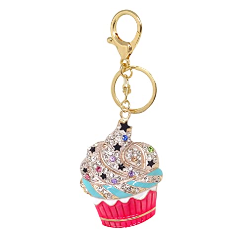HONBAY 1PCS Rhinestone Metal Cupcake Keychain Sparkling Dessert Key Ring Keyfob in A Box for Bag Purse Wallet Cellphone or Car Pendant