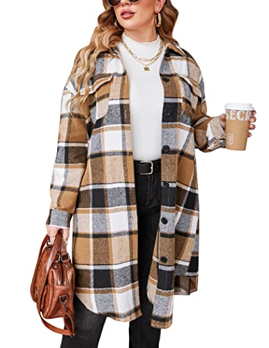 IN'VOLAND Womens Plus Size Flannel Plaid Shirts Long Sleeve Lounge Lapel Boyfriend Button Down Tartan Long Jacket Coats 22W A-Brown