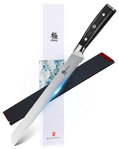 KYOKU 10' Serrated Bread Knife, Samurai Series Serrated Knife for Homemade Bread Pastries with Pakkawood Handle, Japanese High Carbon Steel Cake Knife, Full Tang Bread Cutting Knife with Sheath & Case