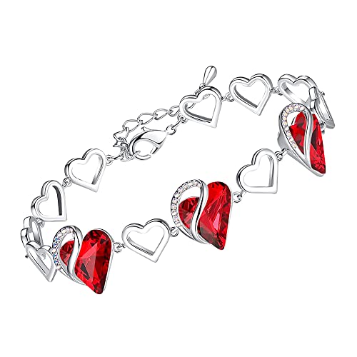 Leafael Infinity Love Heart Link Bracelets, January & July Birthstone Crystal Bracelet for Women, Silver Tone Jewelry Gifts for Her, Siam Ruby Red, 7-inch Chain and 2-inch Extender