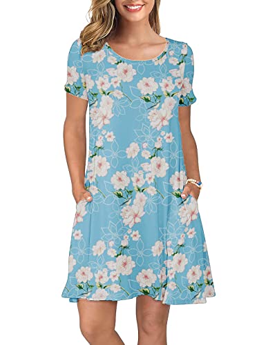 KORSIS Summer Dresses for Women Flower Light Blue X-Large Casual T Shirt Dresses Short Sleeve Swing Flowy Ladies Beach Vacation Sundress with Pockets