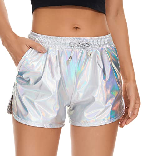 Taydey Metallic Shorts for Women Hot Sparkly Shiny Shorts with Elastic Drawstring Multicolor Silver L