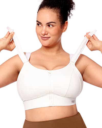VFUS Zip Front Adjustable High Impact Sports Bras for Women Premium Quality Full Coverage Workout Running Removable Pads (Medium, White)