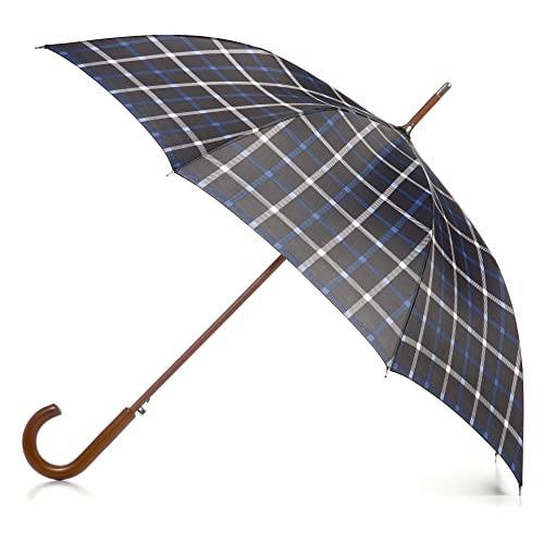 totes Eco Auto Open Wooden Handle J Stick Umbrella, Black Blue with White Check