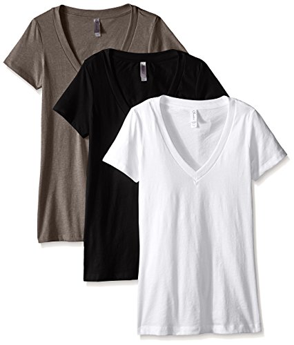 Clementine Apparel Women's Deep V Neck Tee (Pack of 3), Black/White/Warm Grey, Medium