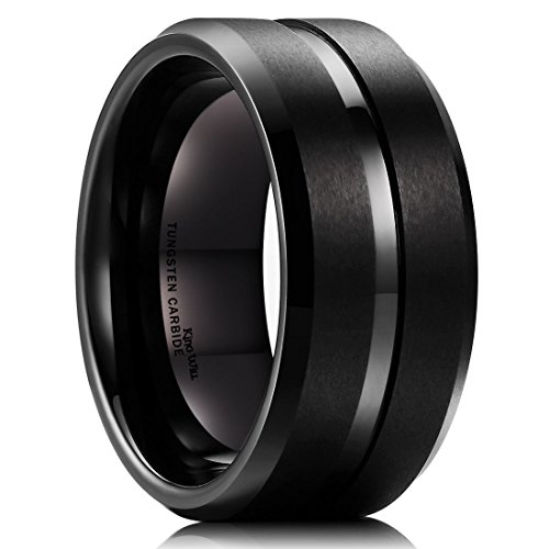King Will 10mm Black Tungsten Carbide Wedding Band Ring Polished Finish Grooved Center Comfort Fit(10)