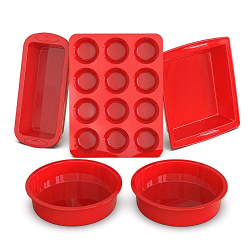 SILIVO 5-Piece Silicone Baking Pans Sets - Nonstick Silicone Bakeware Set with Bread Loaf Pan, Muffin Pan, Square/Round Cake Pan - Oven & Dishwasher Safe