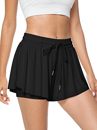 TARSE Womens 2 in 1 Flowy Workout Shorts Casual Drawstring High Waist Running Athletic Shorts Comfy Summer Skirt(Black,M)