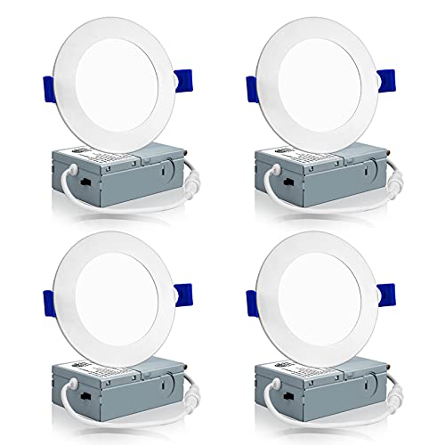 Meconard 4 Pack 4 Inch LED Recessed Ceiling Light with Junction Box, 3000K/4000K/5000K Selectable, 9W=75W 750LM, Dimmable Canless Downlights, ETL and Energy Star Listed