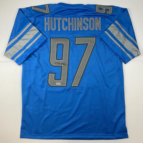 Autographed/Signed Aidan Hutchinson Detroit Blue Football Jersey Beckett BAS COA