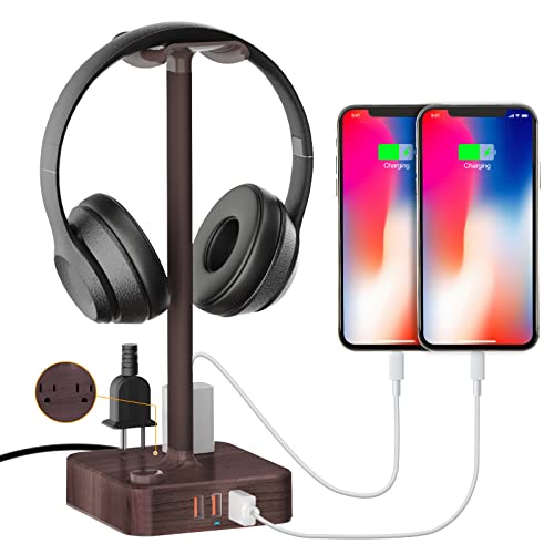 cozoo Headphone Stand & Power Strip 2 in 1 Desk Gaming Headset Holder with 3 USB Charging Ports and 2 Power Outlets Earphone Hanger Accessories for Desktop Gamer Headset Stand (Walnut Wood)