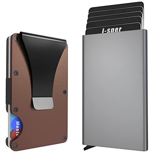 I-sper 2 Pack Minimalist Wallet for Men, Credit Card Holder RFID Blocking tec,1 Pack Pop Up Wallet for Men(Gray) and 1 Pack Metal Slim Mens Wallet with Money Clip(Brown),Two Styles Two Feelings
