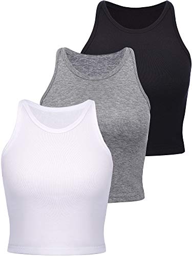 3 Pieces Crop Tops Racerback Crop for Women Crop Tank Workout Tops Cotton Basic Sports Crop for Lady Girls (Black, White, Light Grey, Large)