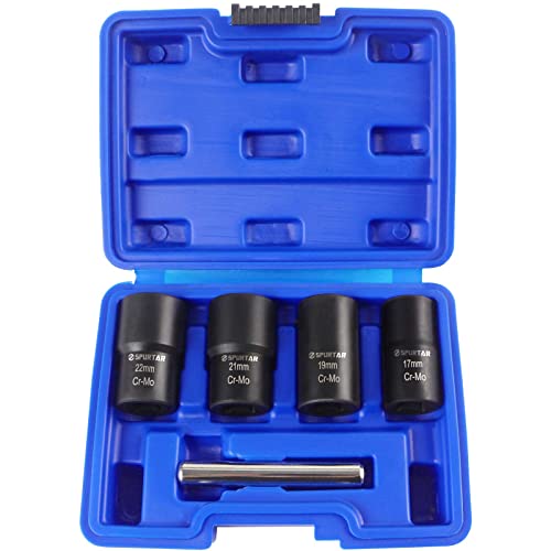 Spurtar 5 Pcs Twist Socket Set, Stripped Lug Nut Remover Wheel Lock Removal Kit Extractor Set for Removing Damaged, Dead, Rusted, Rounded-Off Bolts, Nuts & Screws-17MM,19MM, 21MM, 22MM