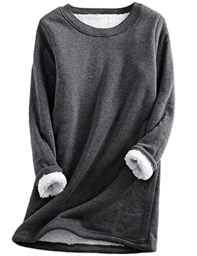 Yeokou Women Warm Sherpa Lined Fleece Crewneck Sport Sweatshirt Pullover Loungewear（Grey-XL）