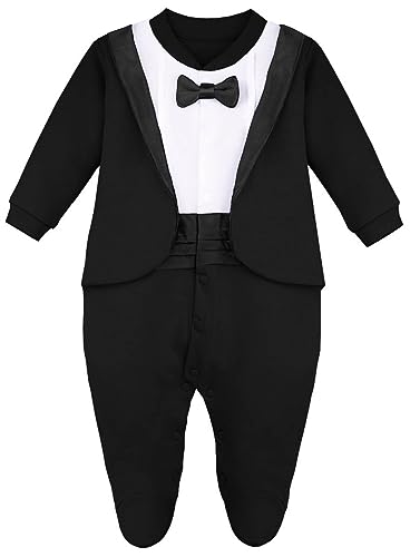 Lilax Baby Boy Gentleman Tuxedo Footie Christmas Holiday Outfit with Bow Tie (Newborn, Black)