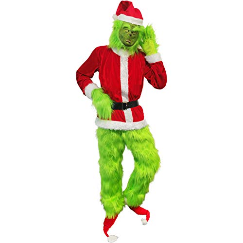 iBccly Green Monster Costume 7pcs Grin Mask and Christmas Hat Furry Pants, Santa Suit Green Adult Outfit-M